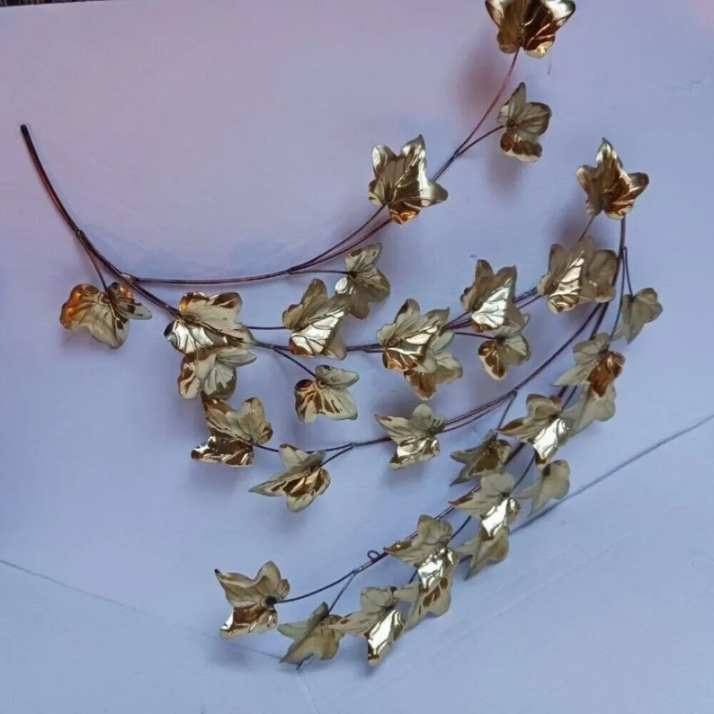 Mid Century 2pcs Gold Tone Metal Ivy Leaf Branches Wall Decor Hanging